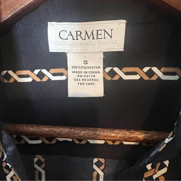 Carmen Marc Valvo Button Up Long Sleeve Chain Link Print Blouse Top - Picture 5 of 5